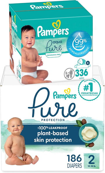 Pampers Pure Protection Disposable Baby Diapers Size 2, One Month Supply (186 Count) With Aqua Pure Baby Wipes, 6X Pop-Top Packs (336 Count)