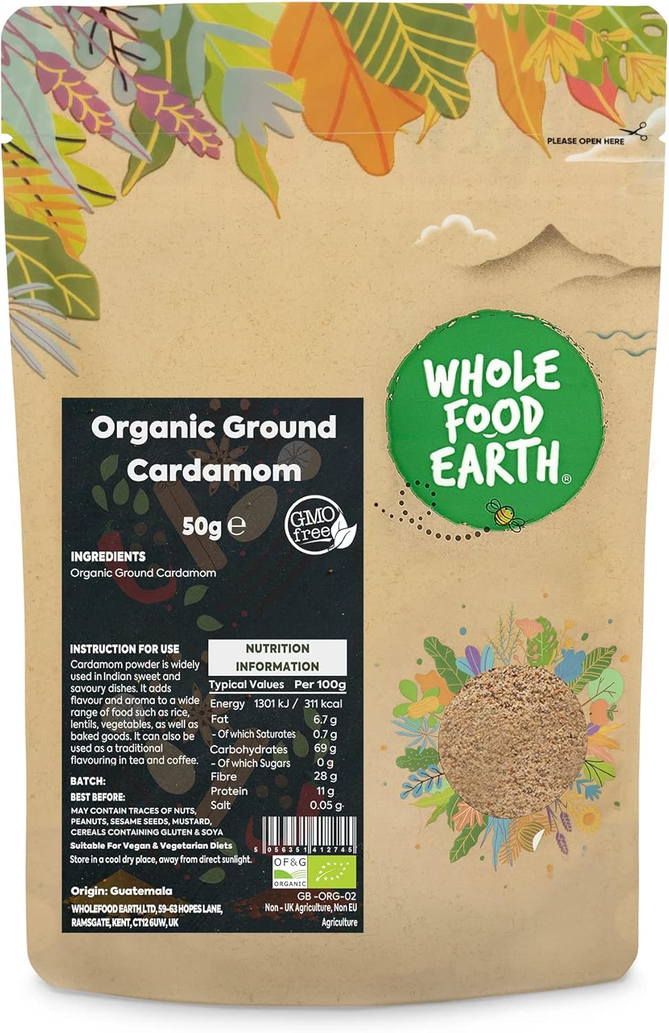 Wholefood Earth Organic Ground Cardamom 500 G | Gmo Free | Certified Organic