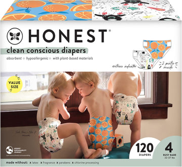 The Honest Company Clean Conscious Diapers | Plant-Based, Sustainable | Space Travel + Orange You Cute | Super Club Box, Size 4 (22-37 Lbs), 120 Count