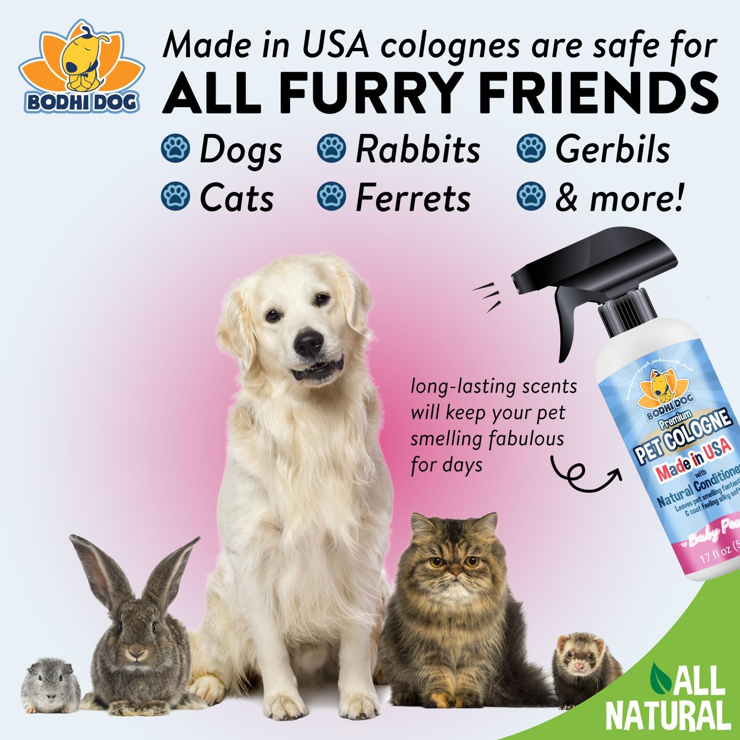 Bodhi Dog Natural Dog Cologne | Premium Scented Deodorizing Body Spray for Dogs & Cats | Neutralizes Strong Odors | Dog Perfume with Natural Dog Conditioner | Made in USA (Baby Powder, 17 Fl Oz)