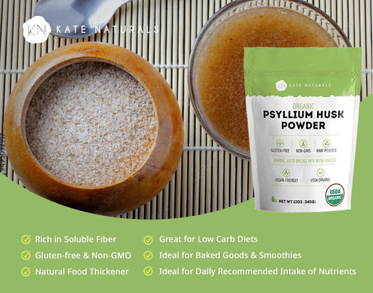 Kate Naturals Psyllium Husk Powder for Fiber Supplement and Baking Low Carb Bread (12 oz) USDA Organic Fiber Powder Unflavored, Gluten-Free, Non-GMO for Digestive System