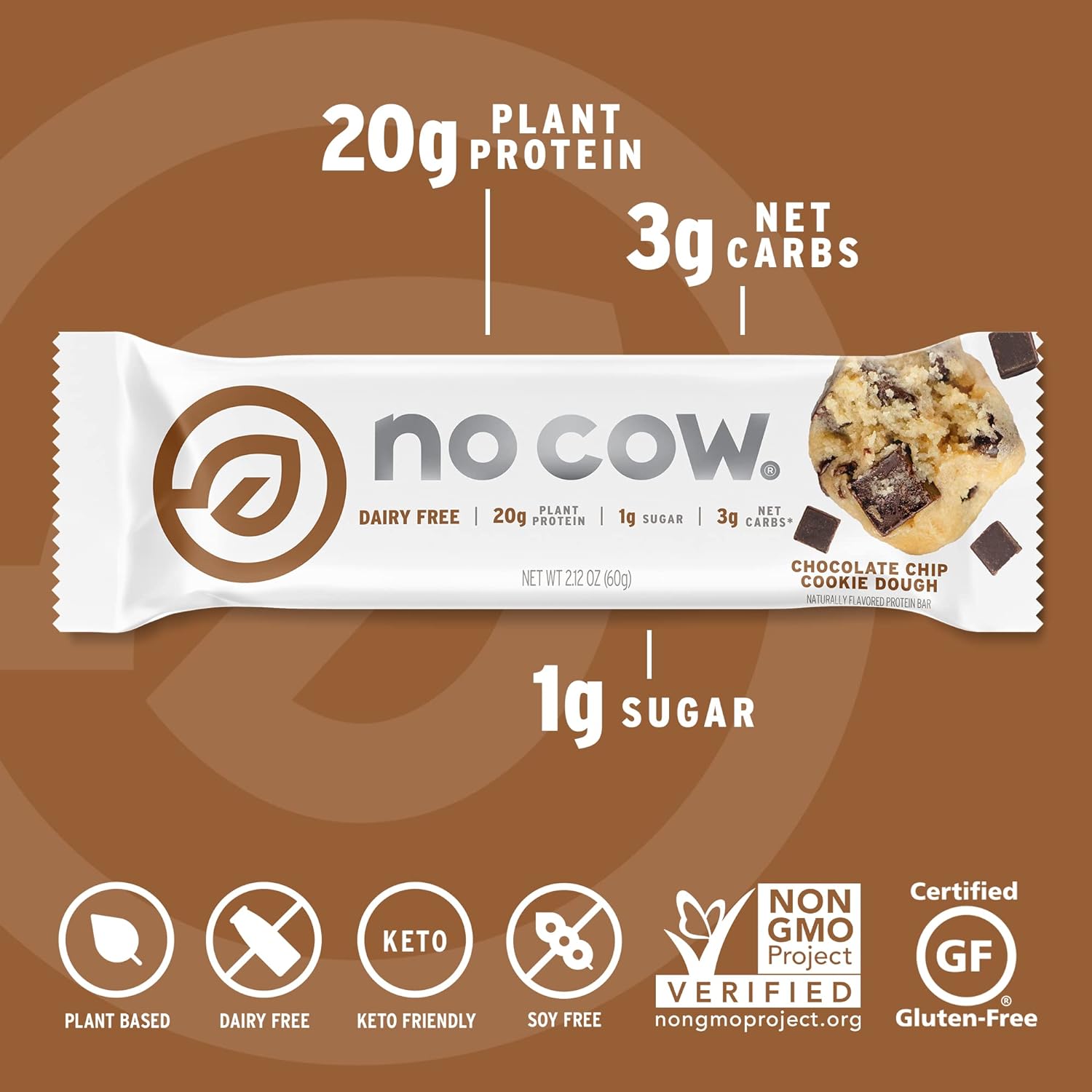 No Cow High Protein Bars, Chocolate Chip Cookie Dough - Healthy Snacks, 20g Vegan Protein, High Fiber, Low Sugar, Keto Friendly, Dairy & Gluten Free (12 Count) : Health & Household