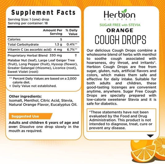 Herbion Naturals Cough Drops with Orange Flavor, Sugar-Free with Stevia, Soothes Cough, For Adults, Children 6 years and above, 6 pack (108 Lozenges)