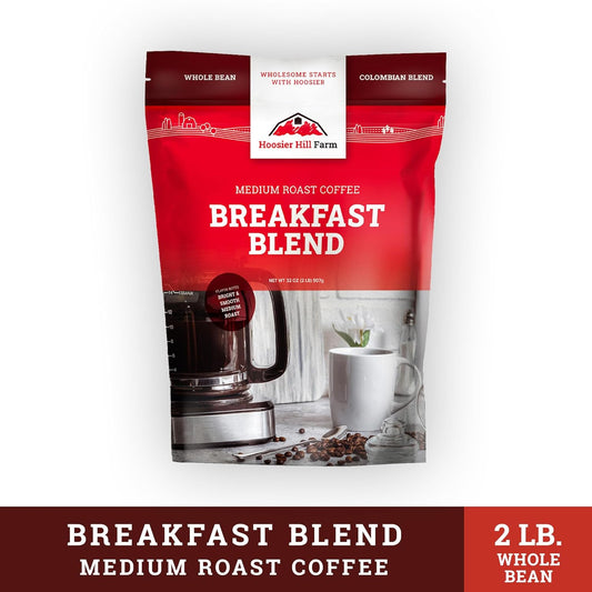 Hoosier Hill Farm Breakfast Blend Whole Bean Coffee, Medium Roast, 32oz (2LB), Resealable Bag