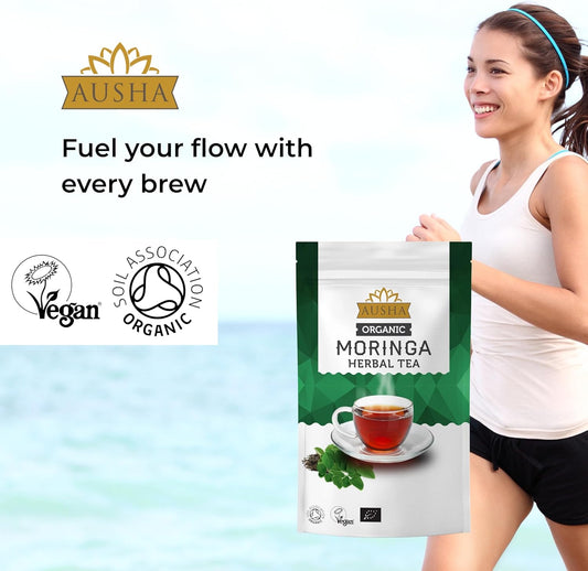 Ausha Organic Moringa Tea 100 Grams | Moringa Leaves, Caffeine Free,Fibre,Calcium | Uk Certified Organic By Soil Association