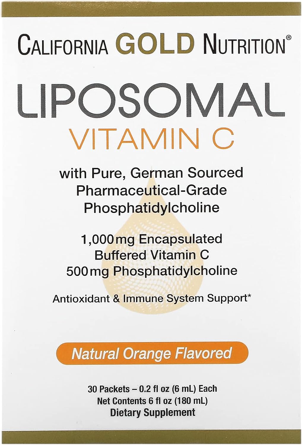 Liposomal Vitamin C By California Gold Nutrition - Liquid Supplement For Antioxidant & Immune Support - Vegan Friendly - Gluten Free, Non-Gmo - 1,000 Mg - 30 Packets - Natural Orange Flavor