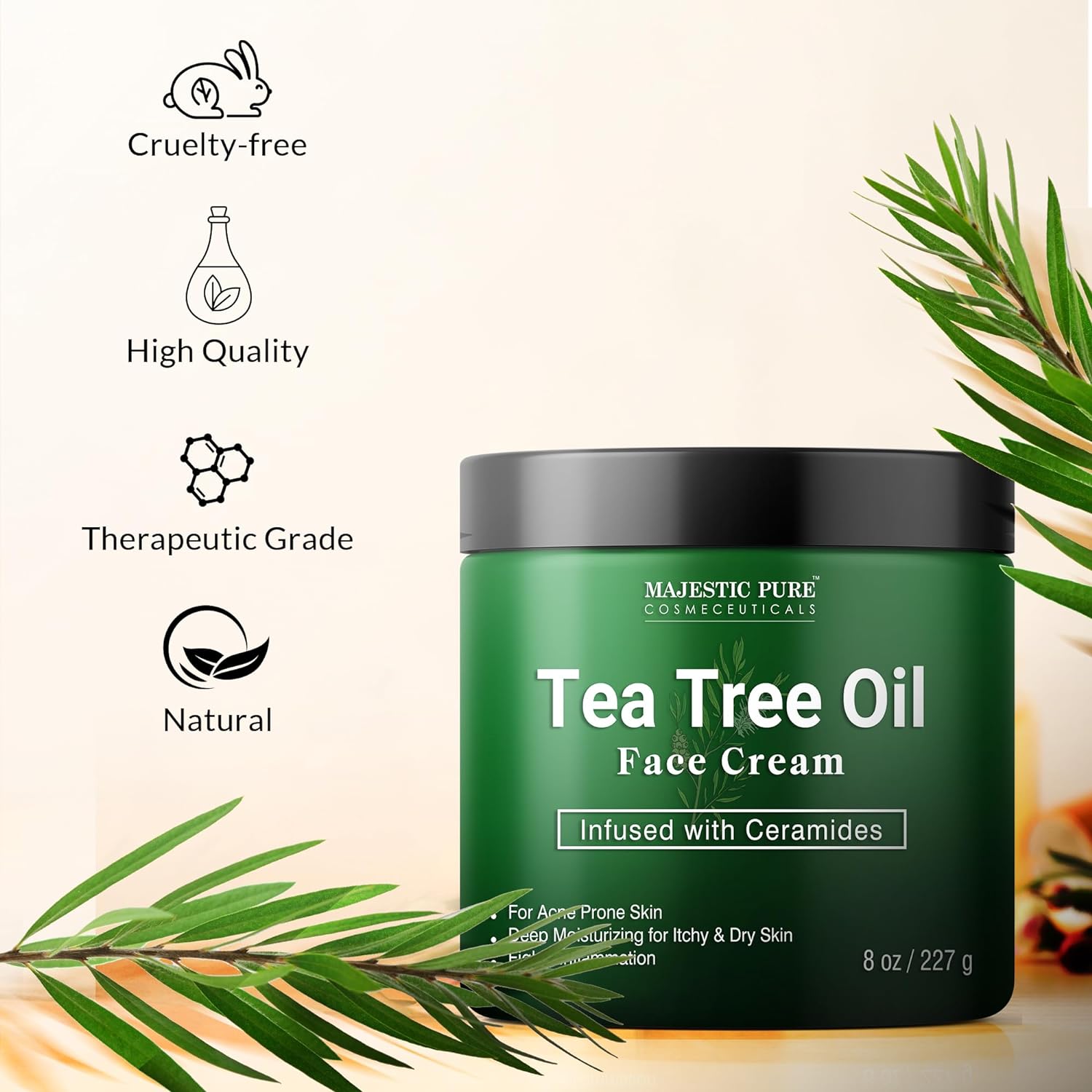 MAJESTIC PURE Tea Tree Oil Face Cream | Cream for Dry & Itchy Skin, Acne, Scar, Day & Night Moisturizer Face Cream for Women & Men | 8 Oz : Beauty & Personal Care