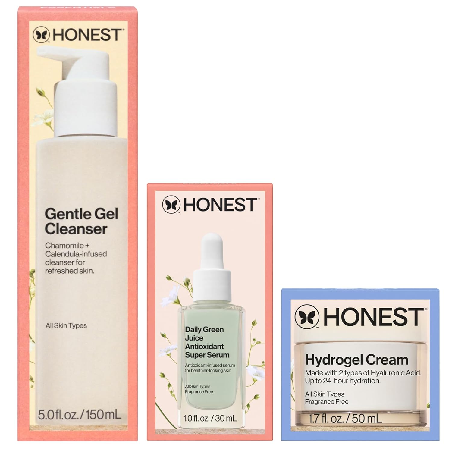 Honest Beauty Everyday Moisturizing Trio | Gentle Gel Cleanser, Green Juice Antioxidant Serum, Hydrogel Cream | 3-Step Routine | Vegan + Gentle For Sensitive Skin