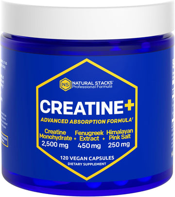 NATURAL STACKS Creatine Monohydrate Pills 2500mg - Maximum Absorption Formula w/Himalayan Salt & Fenugreek | Supports Brain Health, Endurance & Muscle Building - 120 Creatine Capsules