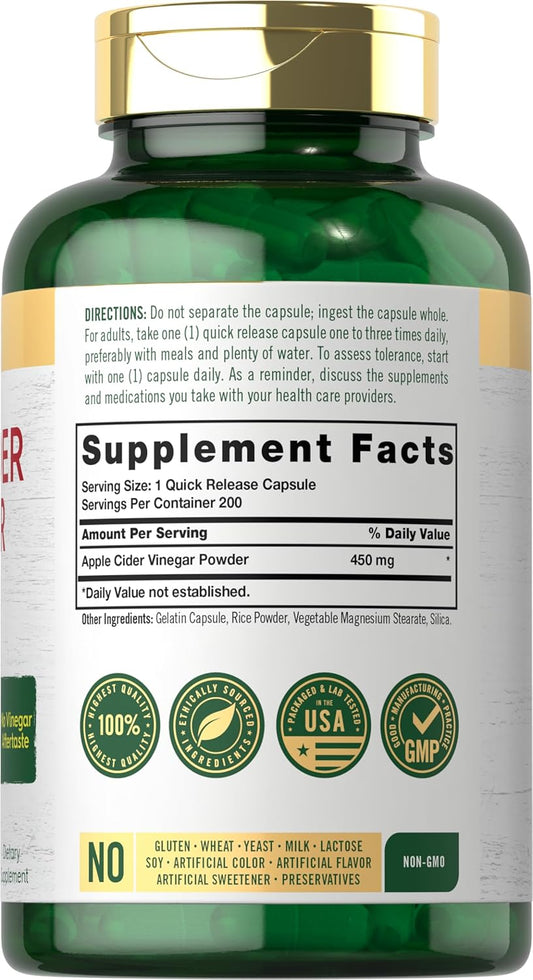 Carlyle Apple Cider Vinegar Capsules | 450Mg | 200 Pills | Non-Gmo, Gluten Free Supplement