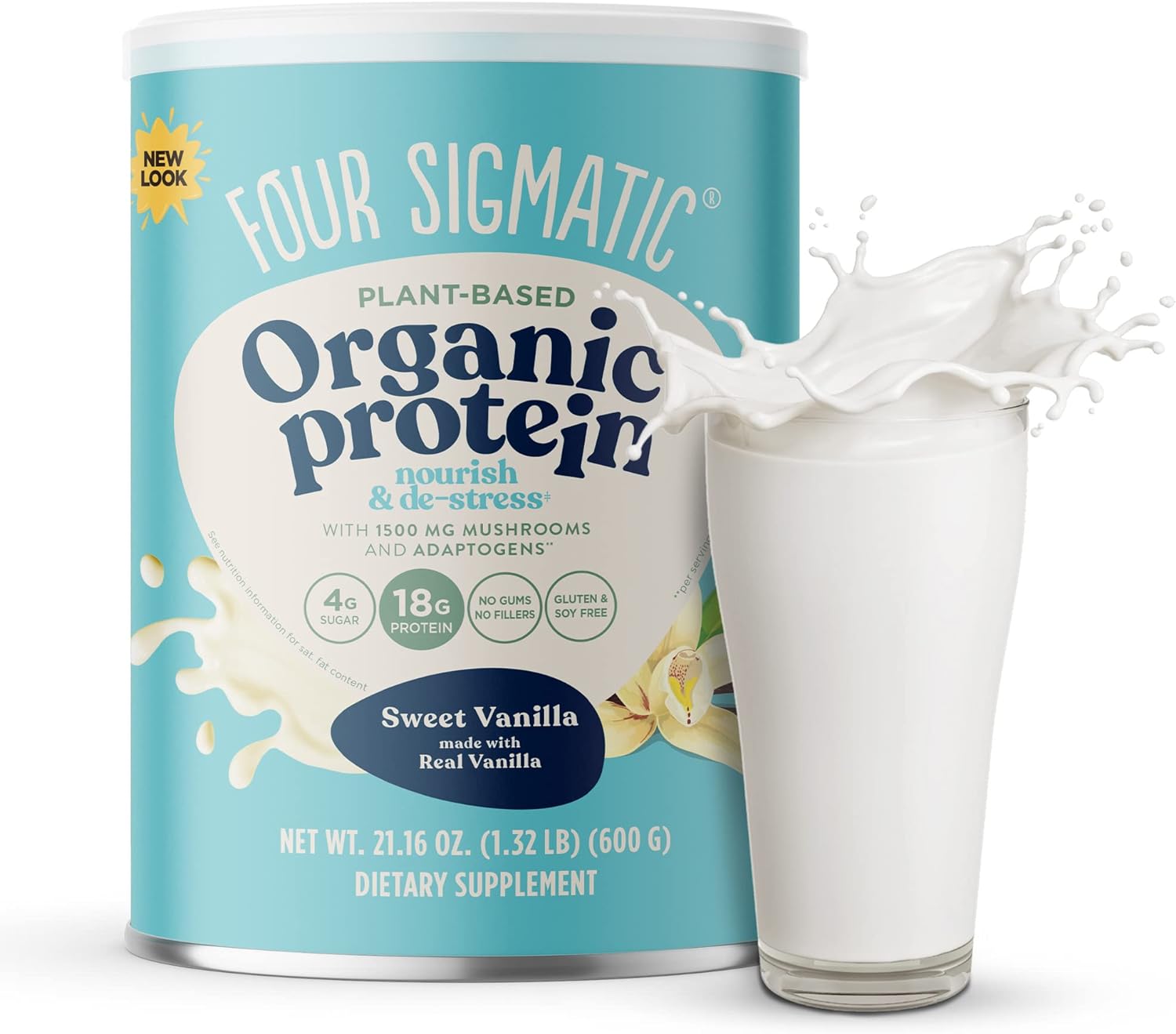 Four Sigmatic Organic Vegan Protein Powder | 18g Plant-Based Protein per Serving | Gluten Free, Dairy Free, Soy Free, Non-GMO with No Filler Ingredients | 21.16oz, 15 Servings | Sweet Vanilla