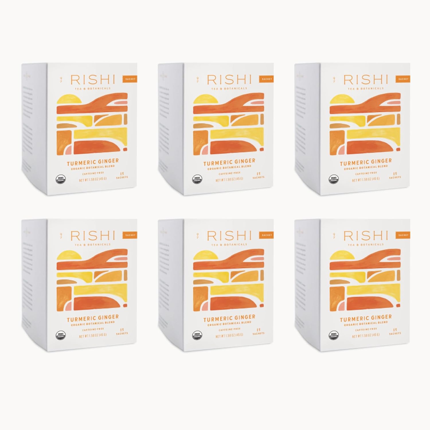 Rishi Tea Turmeric Ginger Herbal Tea | Usda Organic Direct Trade Sachet Tea Bags, Certified Kosher, Caffeine Free Ayurvedic Tea Blend, Immune Support With Citrus For Taste | 15 Count (Pack Of 6)