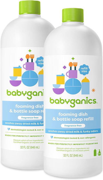 Babyganics Foaming Dish & Bottle Soap, Fragrance Free, Plant-Derived Cleaning Power, Removes Dried Milk, 32 Fl Oz (Pack of 2), Packaging May Vary