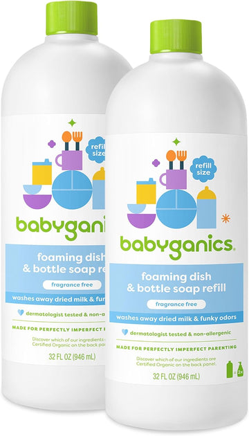 Babyganics Foaming Dish & Bottle Soap, Fragrance Free, Plant-Derived Cleaning Power, Removes Dried Milk, 32 Fl Oz (Pack Of 2), Packaging May Vary