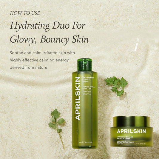 Aprilskin Calm & Hydrate Duo - Artemisia Korean Rice Toner & Artemisia Squalane Hydra Gel Cream, Soothing Care And Deep Hydration For Balanced, Radiant Skin
