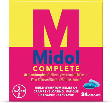 Midol Complete Gelcaps 24Ct: Midol Complete Menstrual Pain Relief Gelcaps With Acetaminophen For Menstrual Symptom, Pms Relief, And Period Cramp Relief - 24 Count (Packaging May Vary)