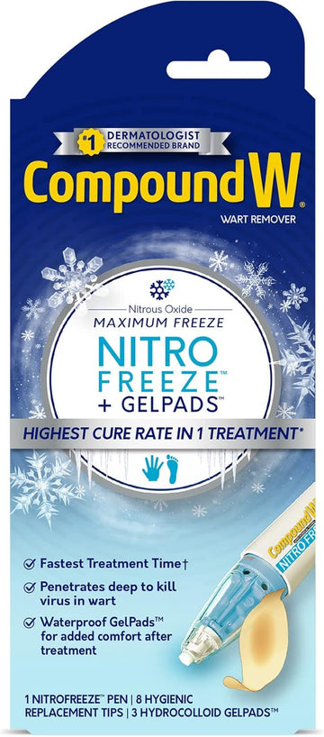 Compound W Nitrofreeze + Gelpads, Wart Removal, 1 Pen, 8 Replaceable Tips & 3 Waterproof Hydrocolloid Gelpads