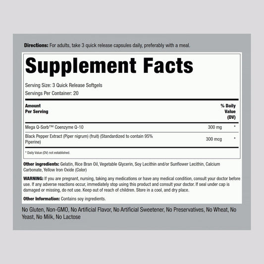 Piping Rock CoQ10 300mg Softgels | 300mg Per Capsule | 60 Pills | with Black Pepper | Coq10 Coenzyme Supplement | Mega Q-Sorb Enhanced Absorption | Non-GMO, Gluten Free