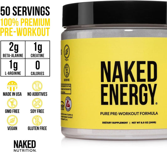 Naked Energy - Pure Pre Workout Powder For Men And Women, Vegan, Unflavored, Healthy Pre Workout - No Added Sweeteners, Colors Or Flavors - 50 Servings