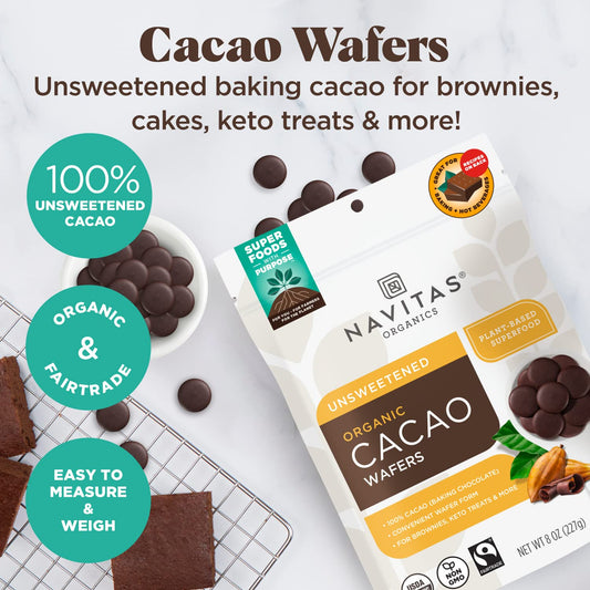 Navitas Organics Cacao Wafers, 8Oz, Unsweetened Baking Chocolate — Organic, Non-Gmo, Fairtrade, Gluten-Free