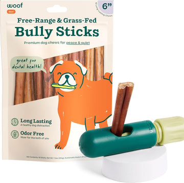 Woof Bullysafe And Bully Sticks - Nutritious Chew Sticks For Dogs And Bully Stick Holder For Safe, Long-Lasting Play - No More Swallowed Ends - 6" Sticks - 10 Pack