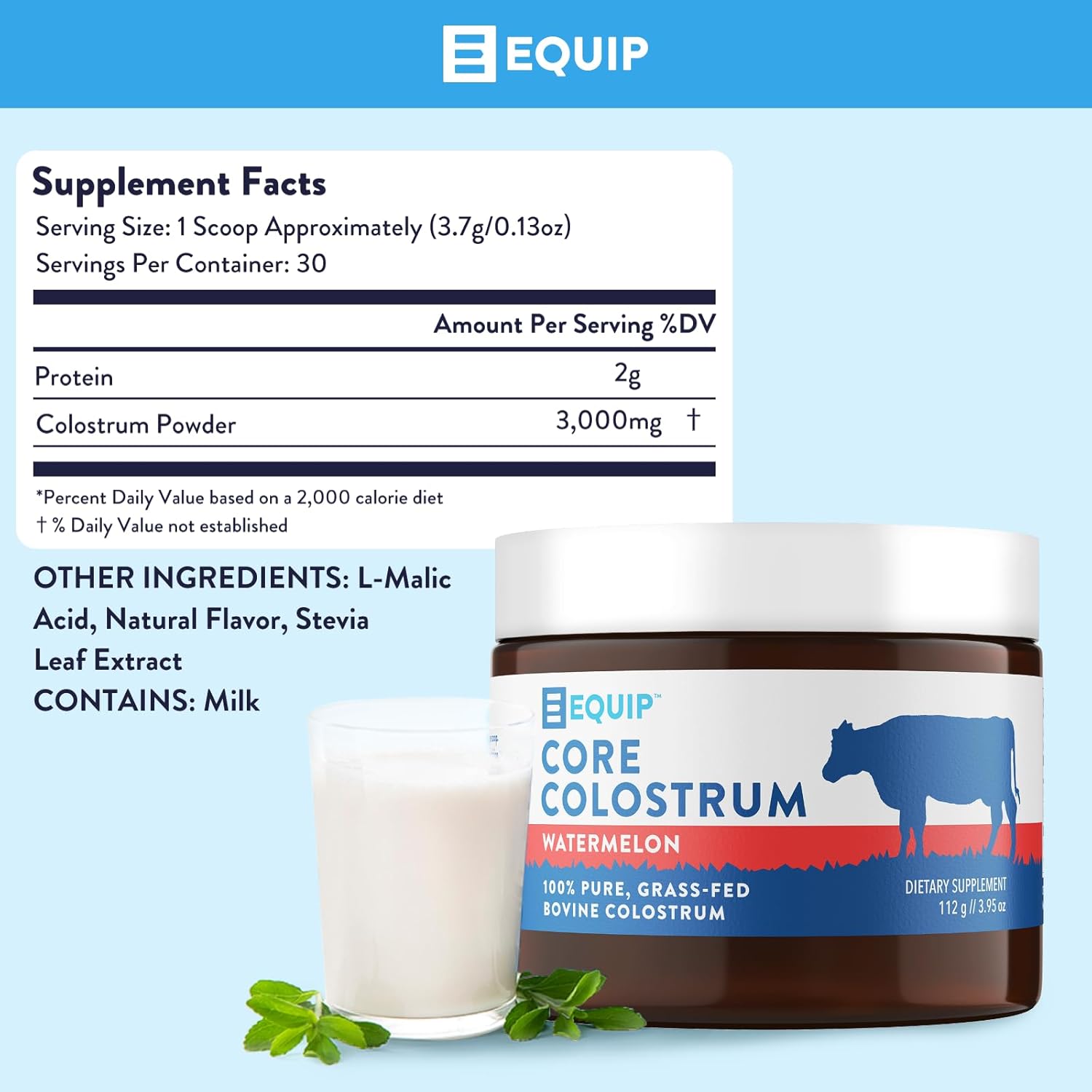 Equip Foods Core Colostrum - Grass Fed Colostrum Powder 3,000mg - Gut Health, Immunity, Recovery - Lactoferrin Supplements - Keto Friendly Colostrum Supplement - 30 Servings, Watermelon : Health & Household