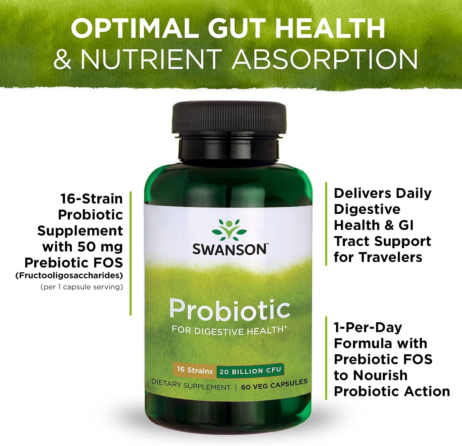 Swanson Probiotic for Digestive Health GI Tract Immune Support Travelers Support 20 Billion CFU with Prebiotic FOS 60 Veggie Capsules : Health & Household