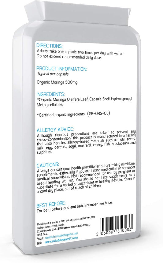 Pure Organic Moringa Oleifera 500Mg 120 Capsules - No Fillers Or Flowing Agents - 100% Natural Soil Association Certified High Strength Superfood With All Essential Amino Acids