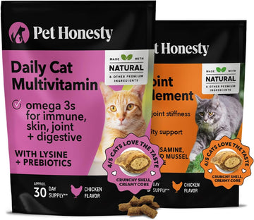 Pethonesty Cat Multivitamins + Cat Hip & Joint Support Dual Texture Chew Supplement Bundle - Supports Overall Immune Health, Joints, Skin & Coat, And Digestion, Glucosamine Joint Support Supplement