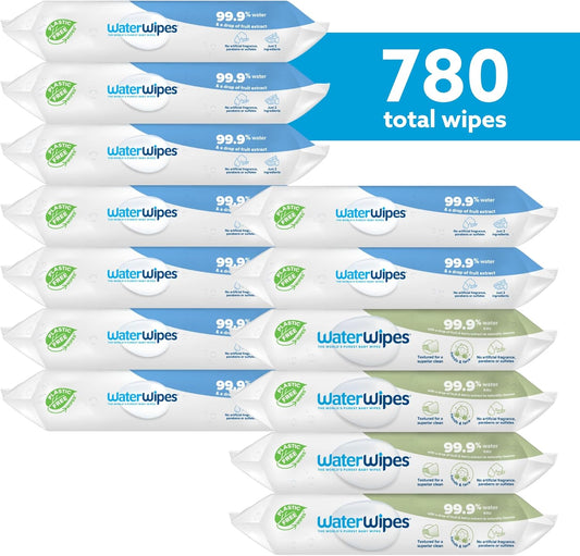 Waterwipes Bundle, Original 540 Count (9 Packs) & Textured Clean Wipes 240 Count (4 Packs), Plastic-Free, 99.9% Water Based Wipes, Unscented, Hypoallergenic For Sensitive Skin, Packaging May Vary