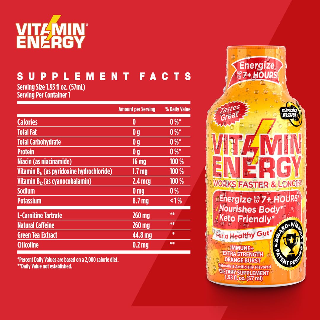 Vitamin Energy Variety Energy Drink Shots, Mood+, Focus+, Immune+, Energy+, Up to 7+ Hours of Energy, 1.93 Fl Oz, 4 Count : Health & Household