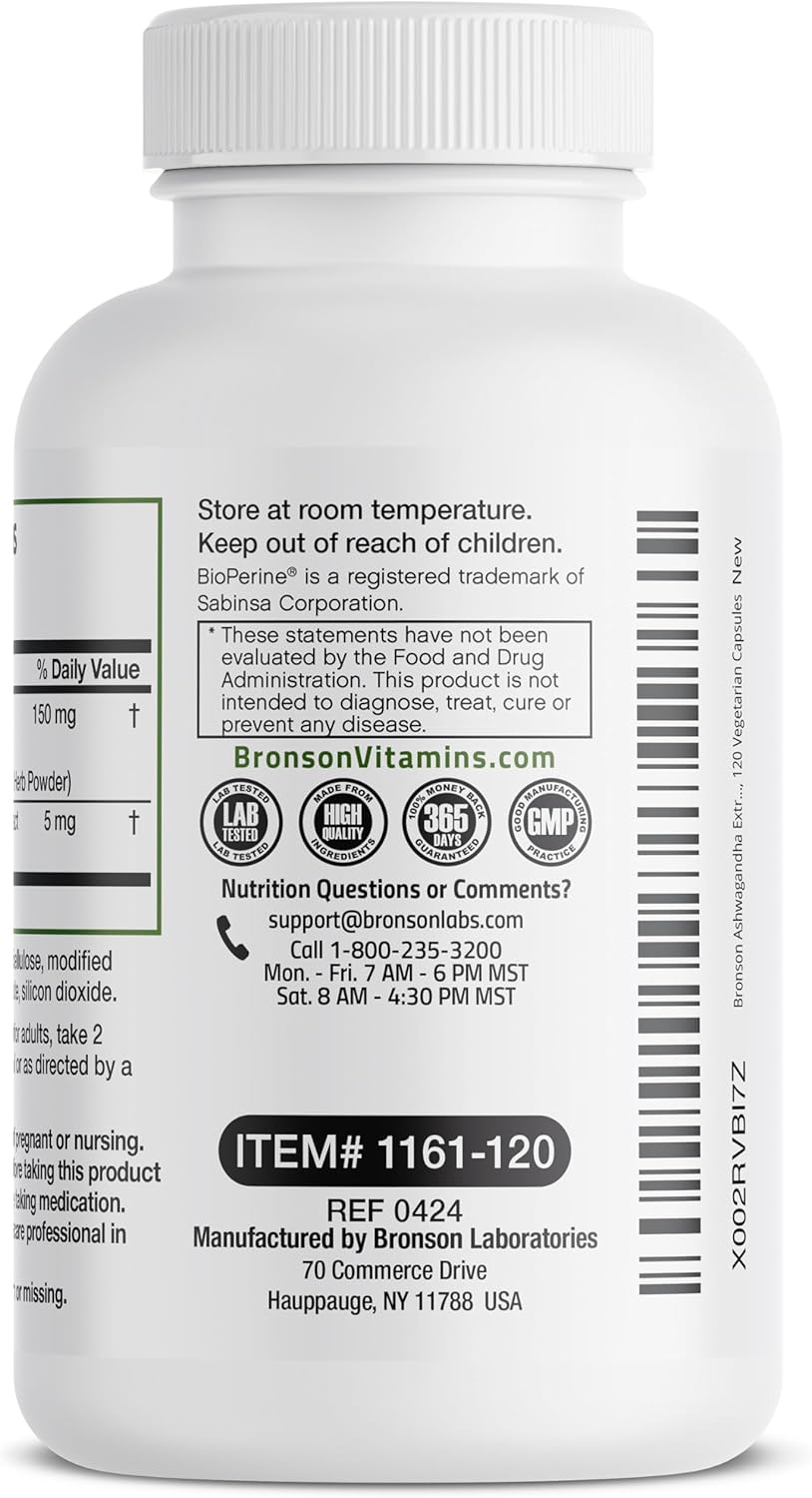 Bronson Ashwagandha Extra Strength Stress & Mood Support with BioPerine - Non GMO Formula, 120 Vegetarian Capsules : Health & Household