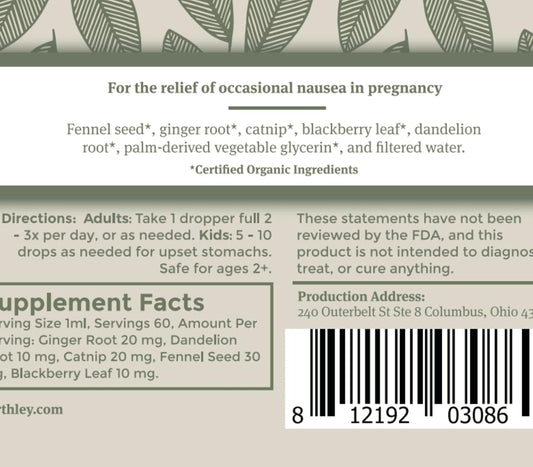 Earthley Mama’S Tummy Relief, Natural Morning Sickness & Nausea Support, Gentle Herbal Digestive Aid For Pregnancy & Upset Stomachs, Organic & Alcohol-Free (2Oz)
