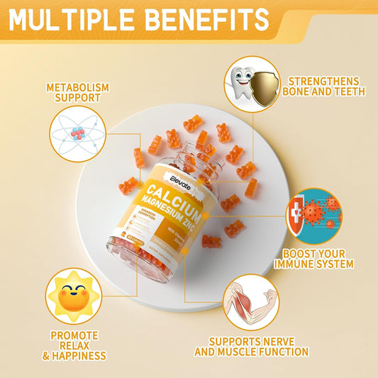 Calcium Magnesium Zinc Gummies With Vitamin D3 & K2 - High Potency Enhanced Absorption -60 Blueberry Gummies Flavored