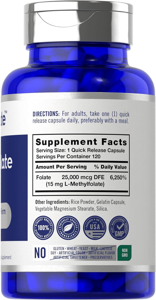 Carlyle L Methylfolate 15mg | 120 Capsules | Value Size | Max Potency | Optimized and Activated | Non-GMO, Gluten Free | Methyl Folate, 5-MTHF | by Opti-Folate