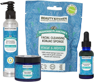 Beauty Kitchen - Seahorse Plankton+ Bright Skin Bundle - Hydrating And Nourishing - Includes Moisturiser - Facial Oil, Gel Cleanser - Konjac Sponge - Infused With Blue Chamomile And Seaweed