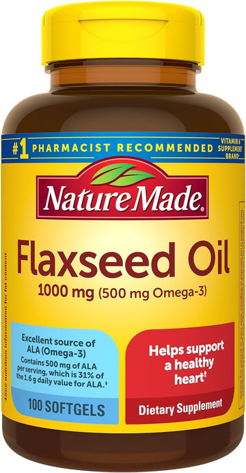 Nature Made Flaxseed Oil 1000 Mg, Fish Free Omega 3 Supplement, Dietary Supplement For Heart Health Support, 100 Softgels, 100 Day Supply