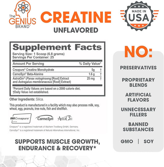 Genius Micronized Creatine Monohydrate Powder, Post Workout Supplement, Unflavored - 100% Naturally Flavored & Sweetened - Supports Muscle Building, Cellular Energy & Cognitive Function – 170G