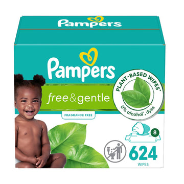 Pampers Free & Gentle Baby Wipes, 99% Water, Hypoallergenic, Unscented, 100% Plant Based, Plastic-Free Baby Wipes, 624 Baby Wipes Total (8 Flip-Top Packs)