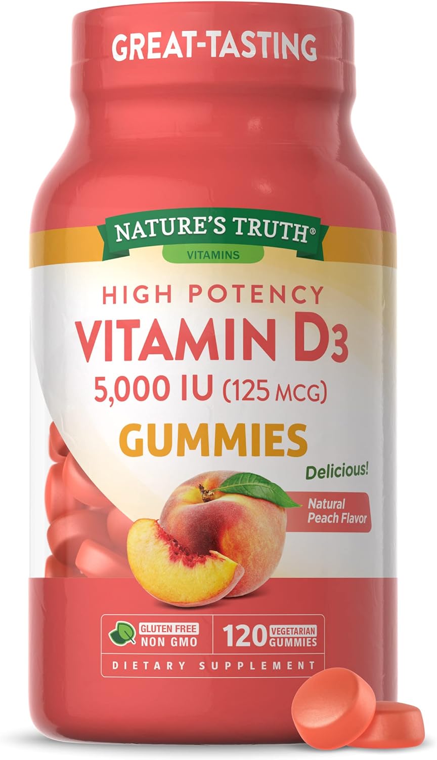 Nature's Truth Vitamin D3 Gummies | 5000 IU | 120 Count | Vegetarian, Non-GMO & Gluten Free Supplement | Natural Peach Flavor, Pack of 1