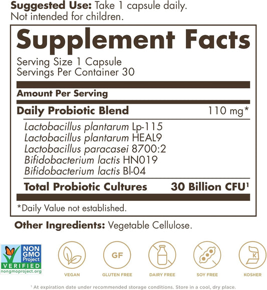 Solgar Advanced Daily Support Probiotic, 30 Vegan Capsules - 30 Billion CFU - 5 Clinically-Studied Strains - Advanced Digestive Relief & Immune System Support - Non-GMO & Vegan, 30 Servings