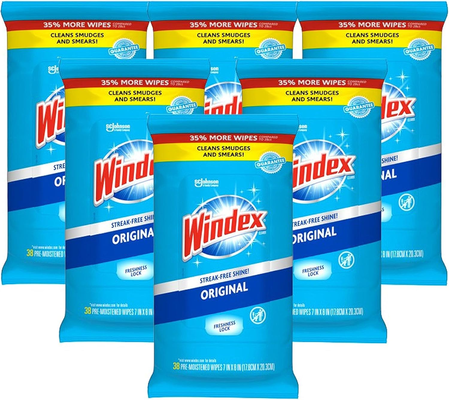 Windex Original Glass Wipes, Pre-Moistened Glass And Surface Wipes Clean And Provide A Streak-Free Shine, 38 Count, Pack Of 6