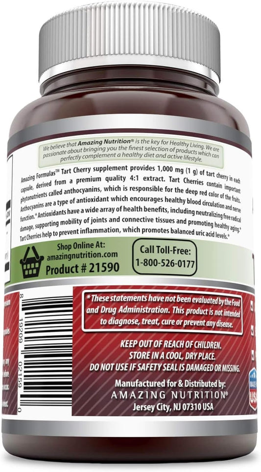 Amazing Formulas Tart Cherry Extract Capsules (Non-GMO,Gluten Free) - Antioxidant Support - Promotes Joint Health & a Proper Uric Acid Level Balance (1000 Mg, 250 Count)