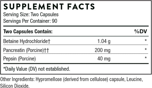 Thorne Multi Enzyme (Formerly B.P.P.) - Betaine, Pepsin, Pancreatin - Comprehensive Blend of Digestive Enzymes to Support Normal Digestion - Dairy-Free - 180 Capsules - 90 Servings