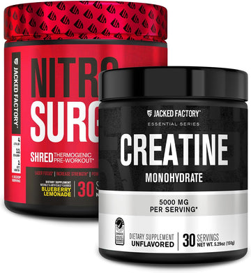 Jacked Factory Nitrosurge Shred Pre Workout Supplement (Blueberry Lemonade, 30 Servings) & Creatine Monohydrate Powder (Unflavored, 30 Servings)