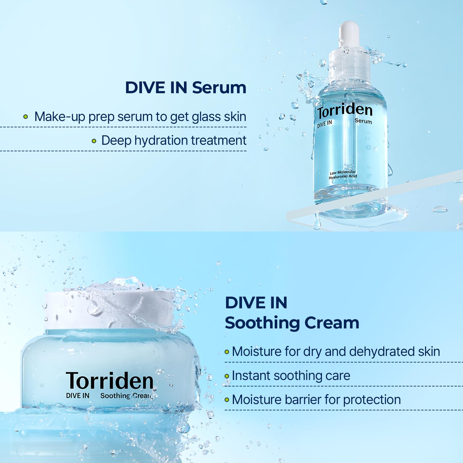 Torriden DIVE IN Serum 1.69 fl.oz. + Soothing Cream (Jar) 3.38 fl.oz. | Hyaluronic Acid Care Set | Deep Hydrating Skin Care to Get Glass Skin : Beauty & Personal Care