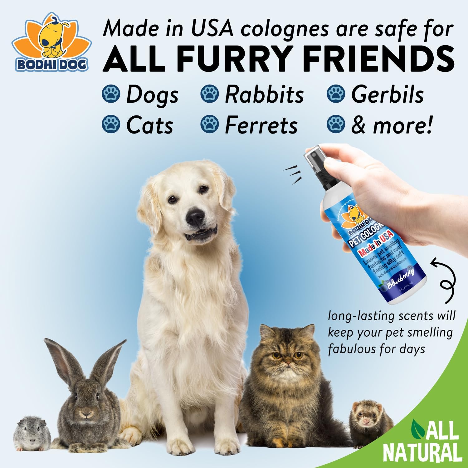 Bodhi Dog Natural Dog Cologne | Premium Scented Deodorizing Body Spray for Dogs & Cats | Neutralizes Strong Odors | Dog Perfume with Natural Dog Conditioner | Made in USA (Blueberry, 8 Fl Oz)