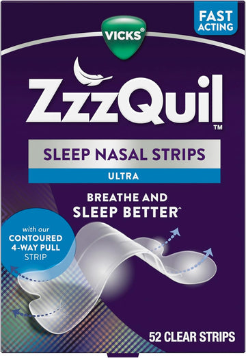 ZzzQuil, Sleep Nasal Strips, Clear Nighttime Nasal Strips, Instantly Opens Nose for Better Breathing, Reduces Nasal Congestion for Less Snoring and Better Sleep, Drug Free, Unscented, 52ct