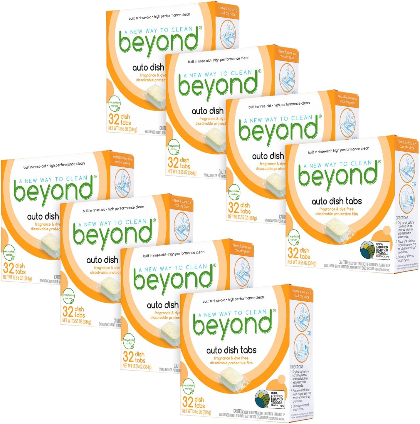Beyond Natural Dishwasher Tablets [8 Boxs Of 32] - Fragrance & Dye Free - Certified Biobased. Powerful. Plant-Based Ingredients