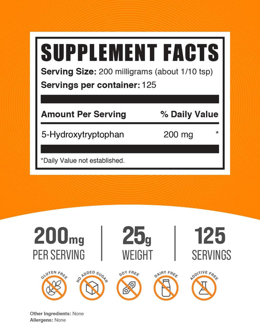 BulkSupplements.com 5-HTP Powder - 5-Hydroxytryptophan, 5 HTP Supplement - 5-HTP 200mg, Mood Support Supplement - Gluten Free, 200mg per Serving, 25g (0.88 oz) (Pack of 1)